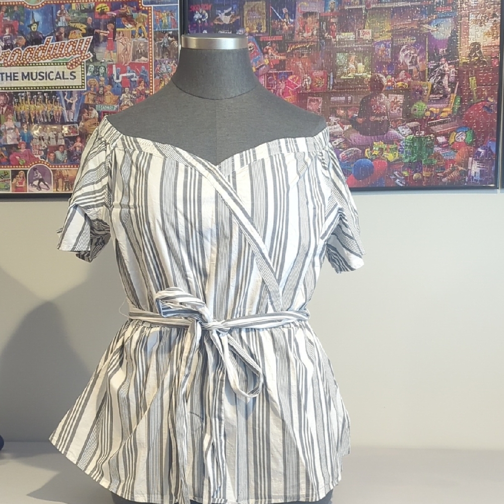 Lane Bryant Gray and White Striped Wrap Blouse